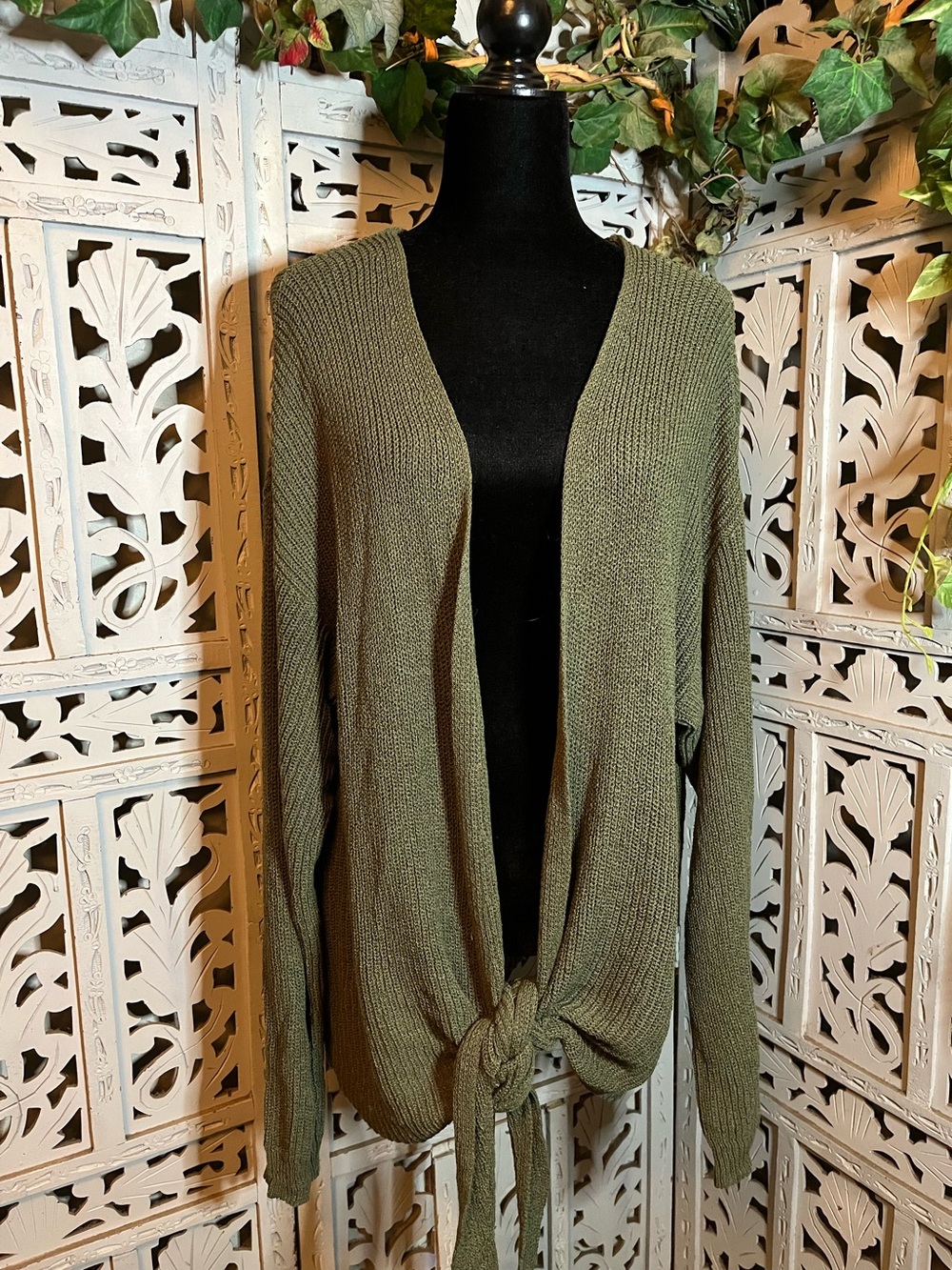 EST 1946 LUCKY OLIVE GREEN OPEN FRONT LONG SLEEVE PLUS SIZE SWEATER CARDIGAN